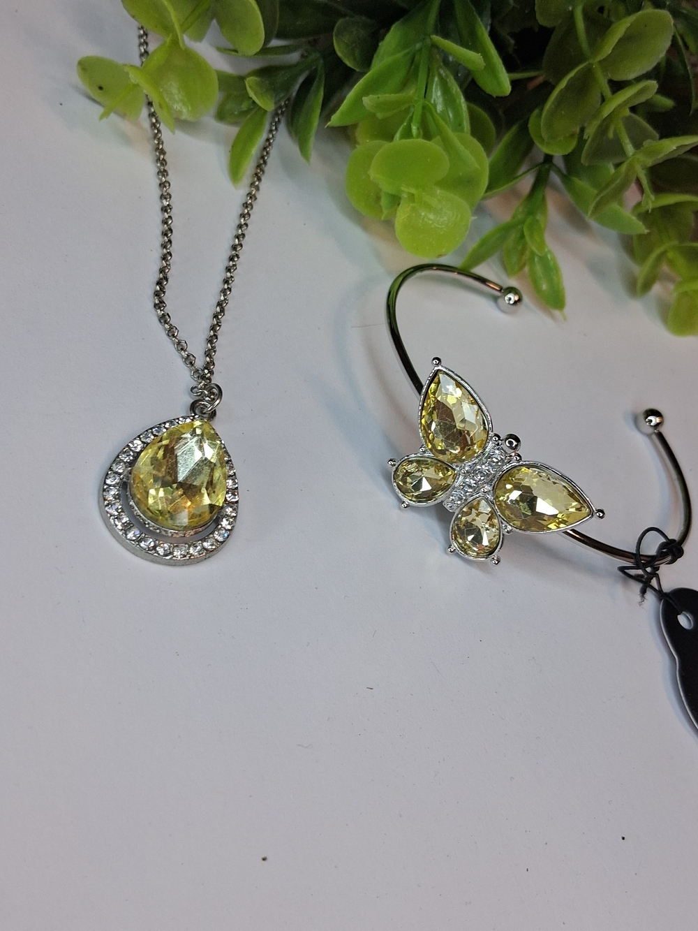 Yellow Crystal Teardrop Necklace with Butterfly Cuff Bracelet